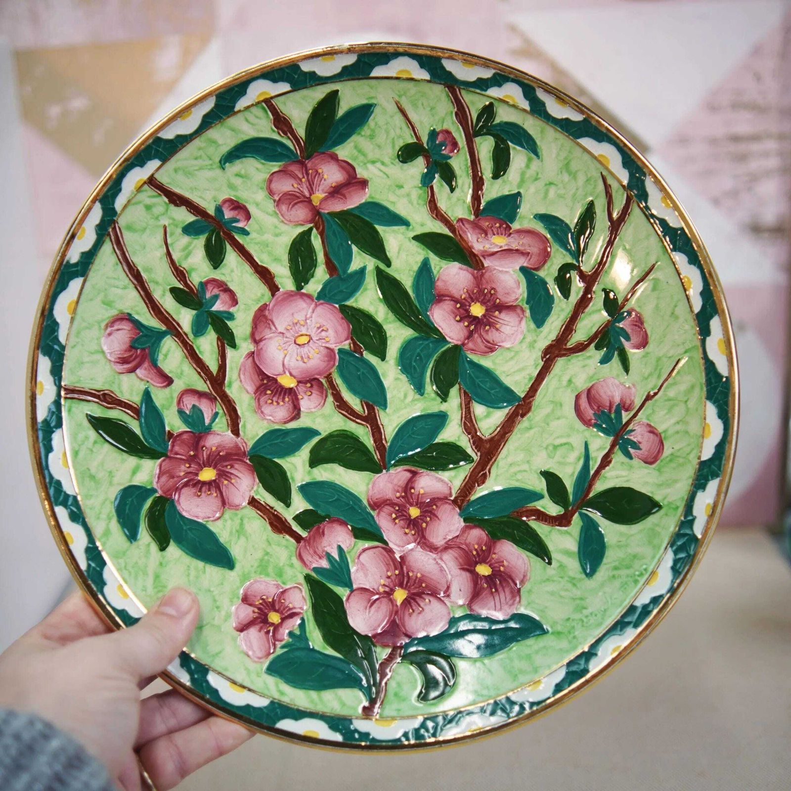 New Hall Boumier Ware Plate Lucien Boullemier Pink Blossom Art Deco Charger 29cm photo Home Decor