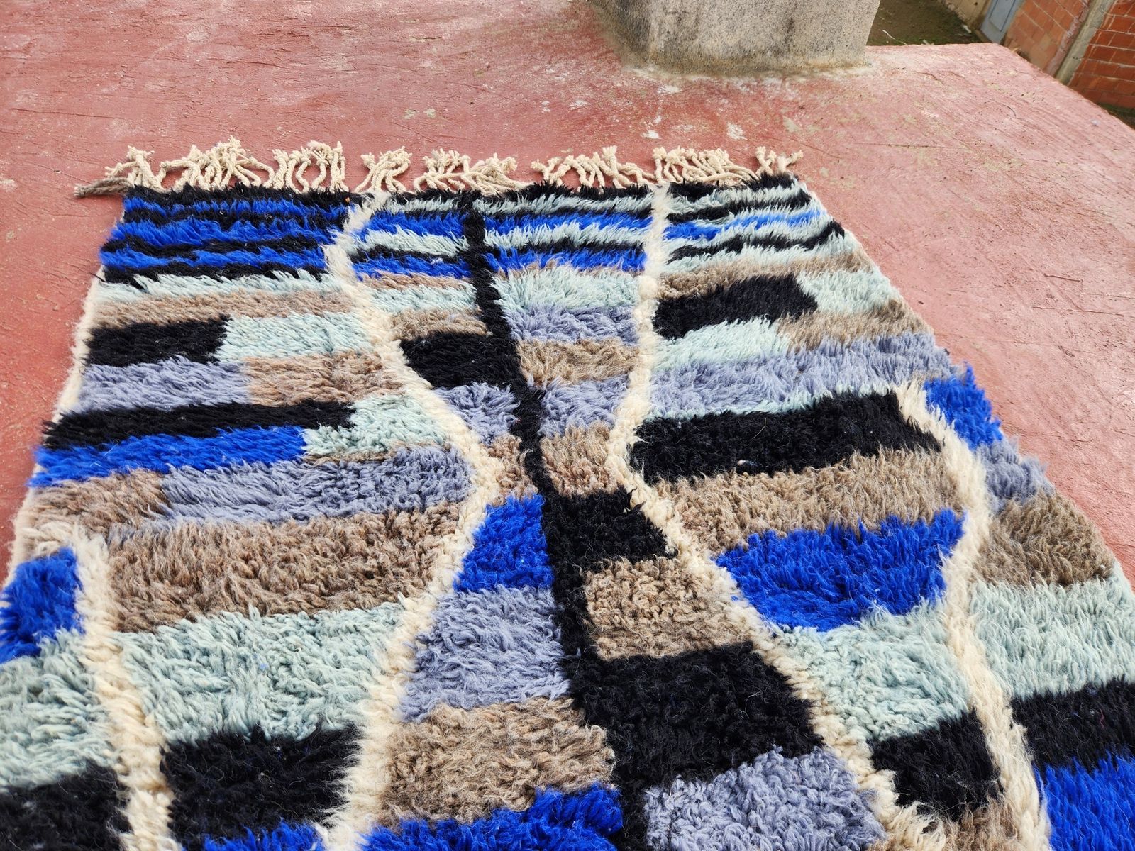 Vintage Moroccan Beni Ouarain Rug In Blue Tones – Handwoven Wool – 300 × 130 Cm photo 380.0