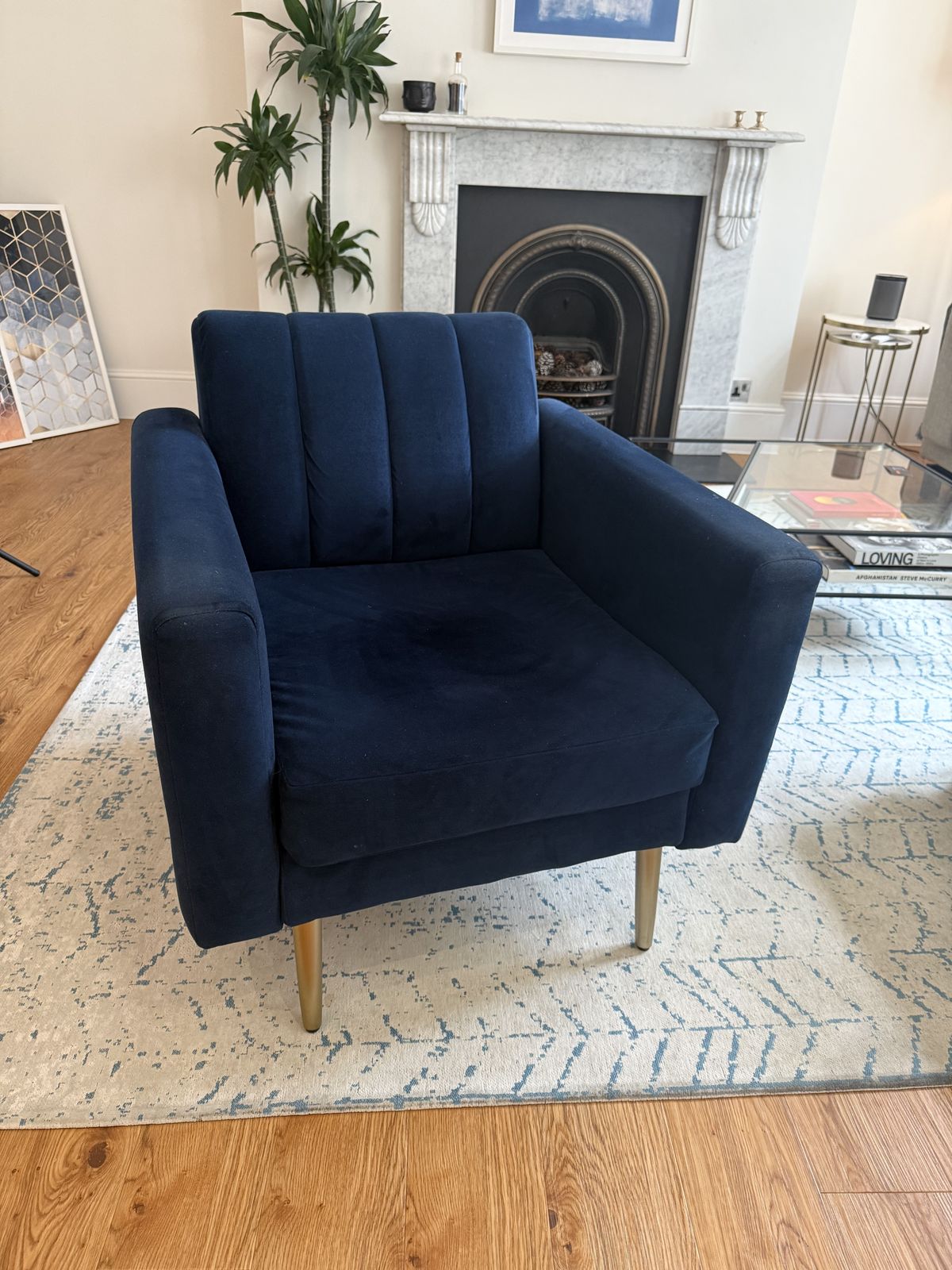West Elm Navy Velvet Armchair – Mid Century Style photo for sale
