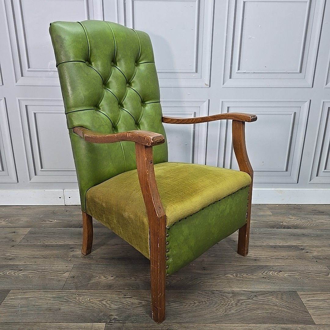 Antique Chesterfield Armchair Vintage Green  – Button Back Fabric Faux Leather