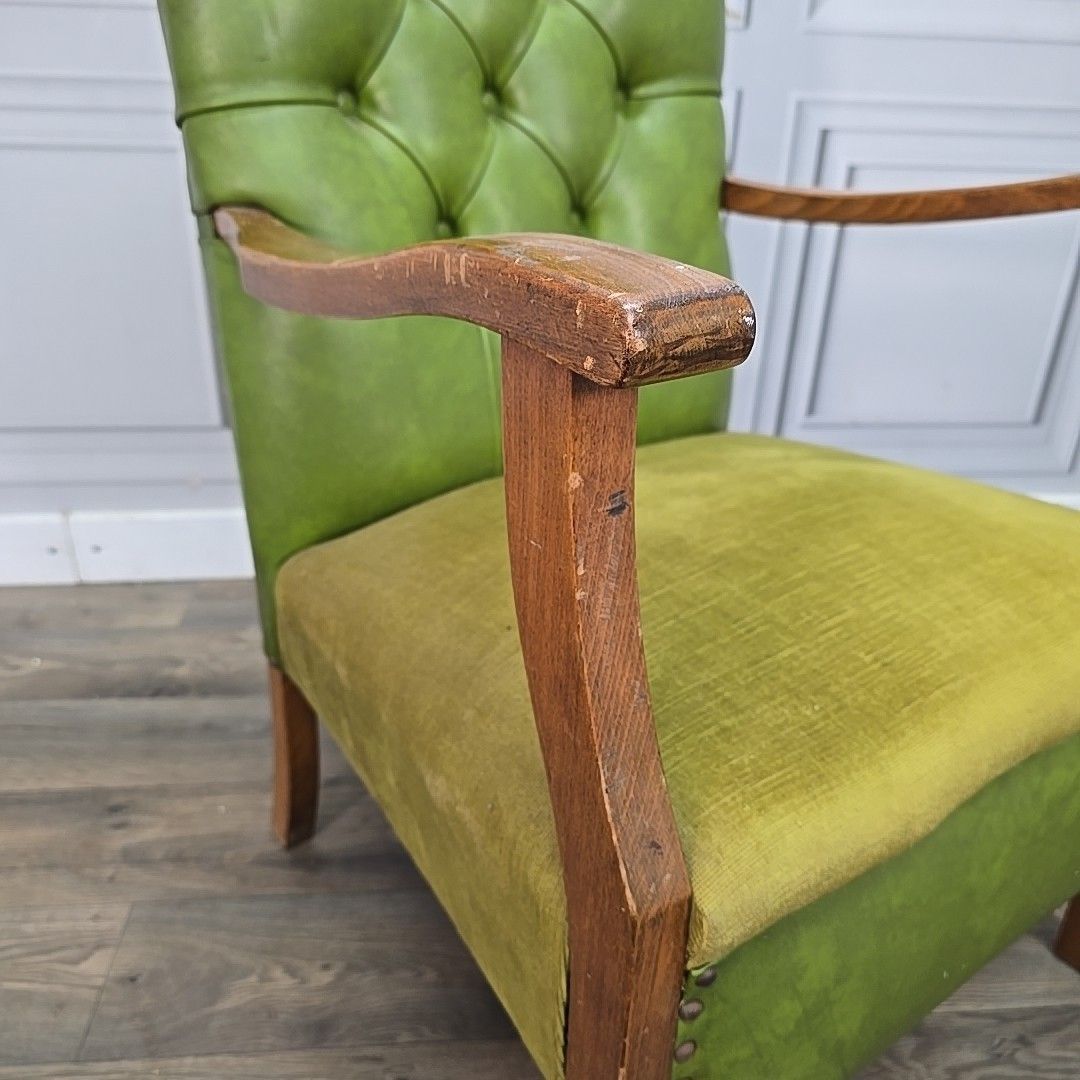 Antique Chesterfield Armchair Vintage Green  – Button Back Fabric Faux Leather photo for sale
