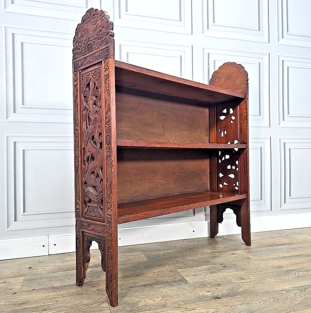 Antique Bookcase Shelves Carved Low Oriental Solid Wooden Display Shelving Unit photo furniture