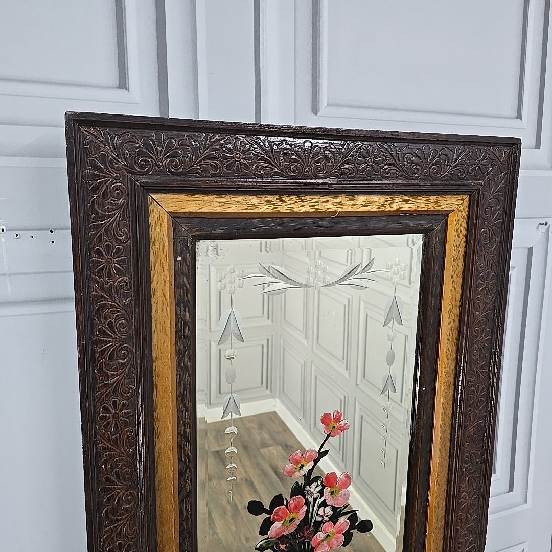 Antique Wall Mirror Carved Oak Frame – Bevelled & Etched Reverse Painted Glass photo for sale
