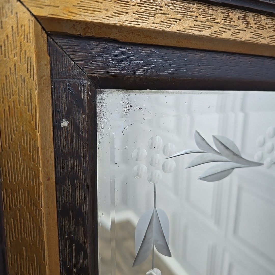 Antique Wall Mirror Carved Oak Frame – Bevelled & Etched Reverse Painted Glass photo buy