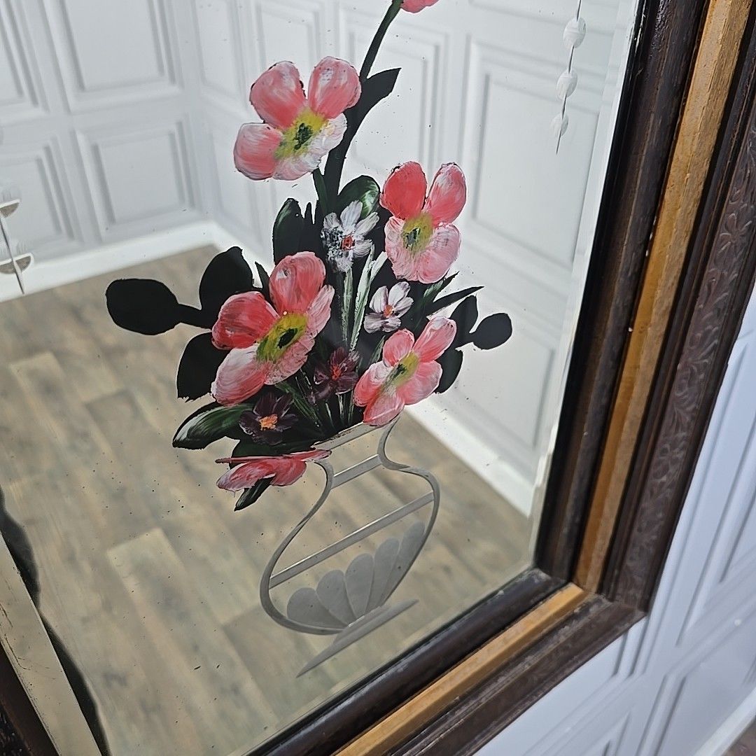 Home Decor Antique Wall Mirror Carved Oak Frame – Bevelled & Etched Reverse Painted Glass photo
