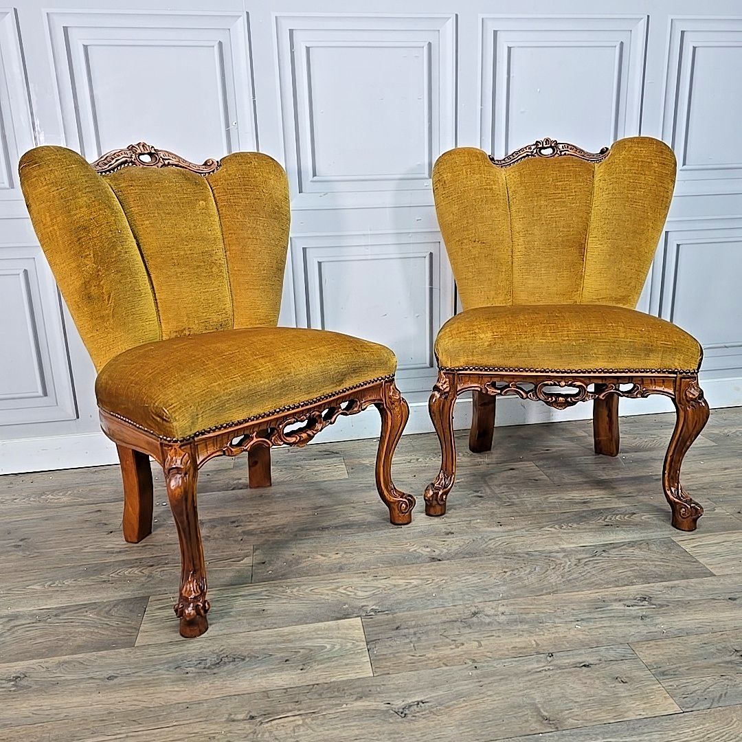 Antique Style Slipper Chairs Pair 2 Carved – Queen Anne Revival – Upholstered