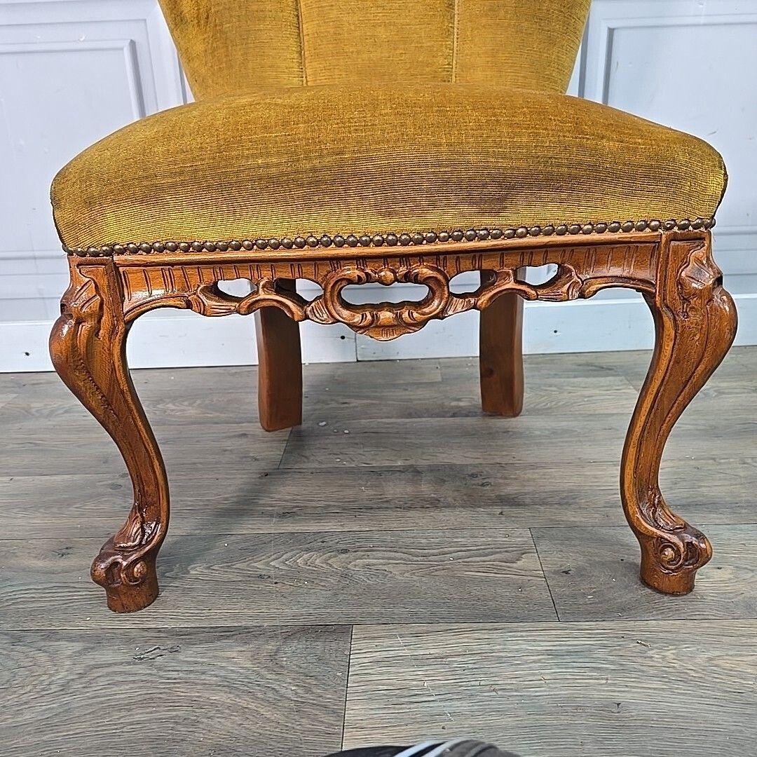photo for sale Antique Style Slipper Chairs Pair 2 Carved – Queen Anne Revival – Upholstered