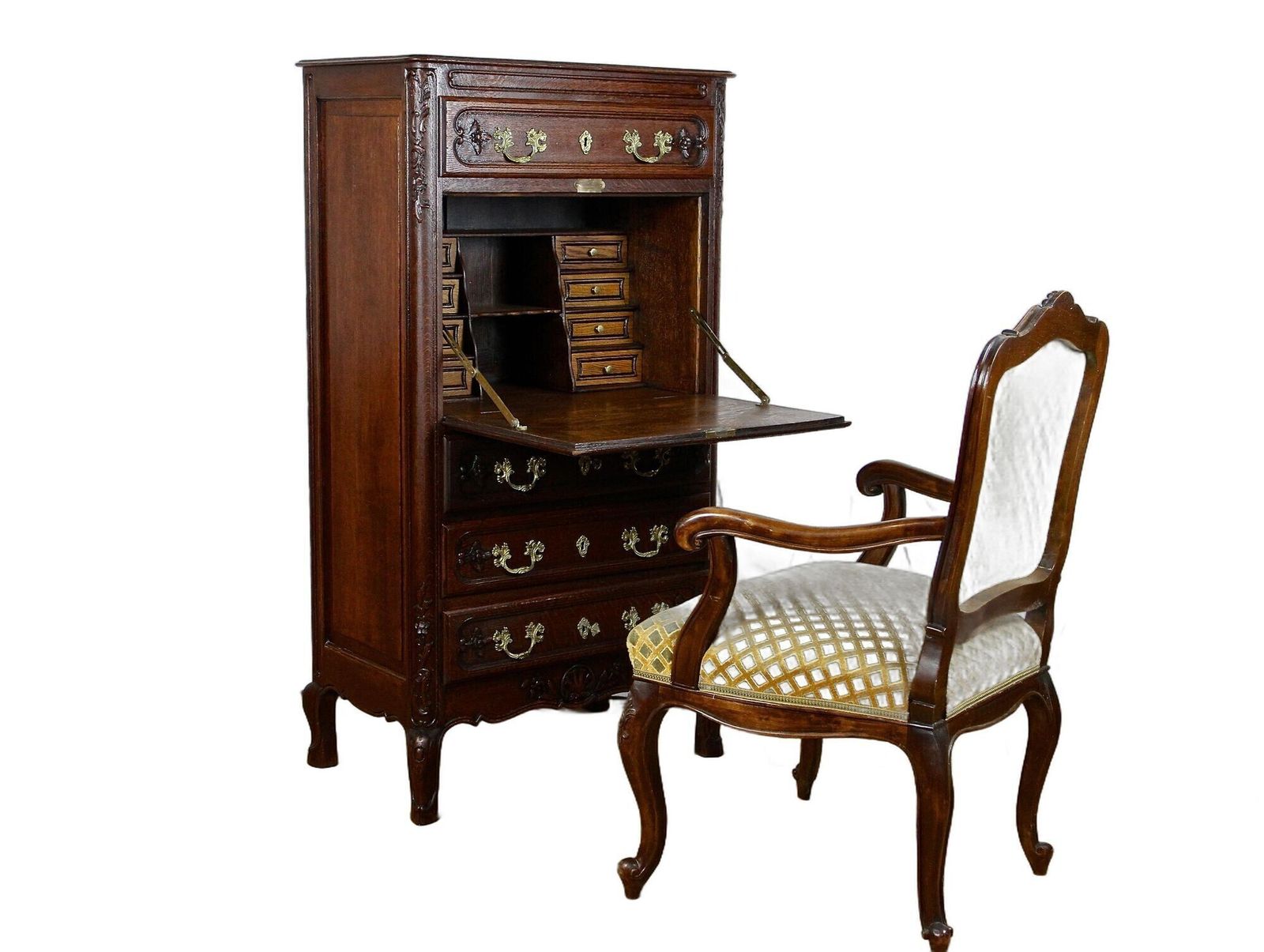 19th Century Baroque Revival Secretaire Cabinet, Oak Handcarved, At Ca. 1870 photo furniture