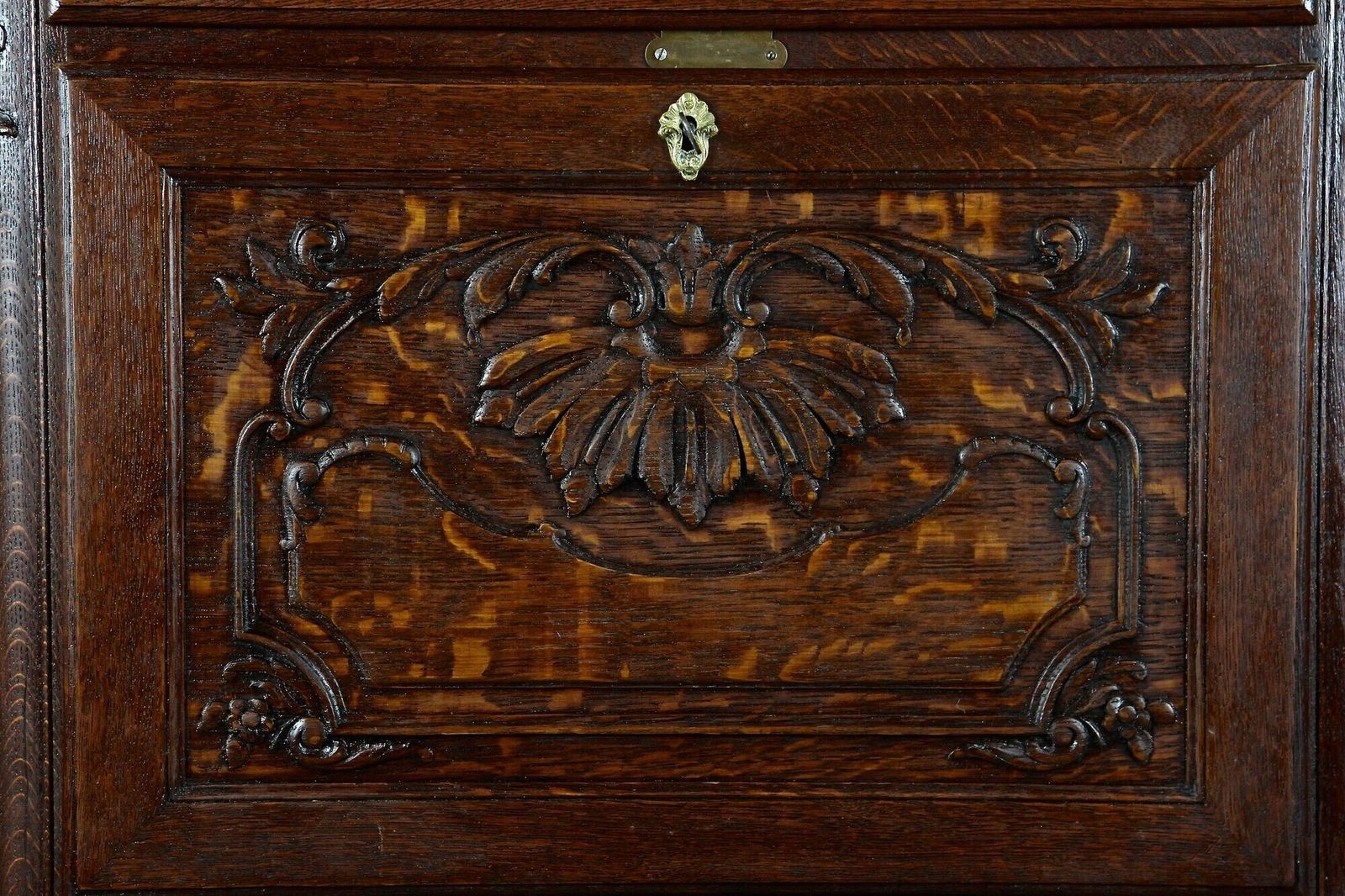 19th Century Baroque Revival Secretaire Cabinet, Oak Handcarved, At Ca. 1870 photo vintage