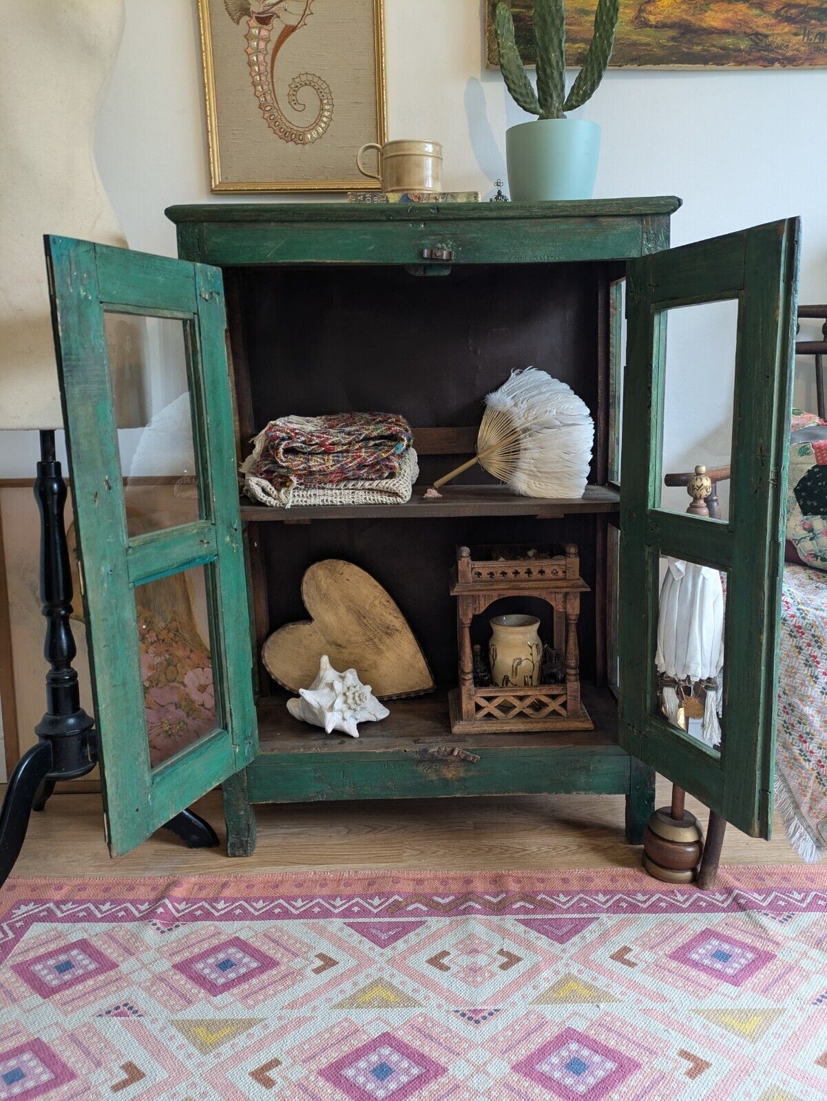 Restored Antique Vintage Indian Cabinet Cupboard Painted Glazed Reclaimed Green photo buy