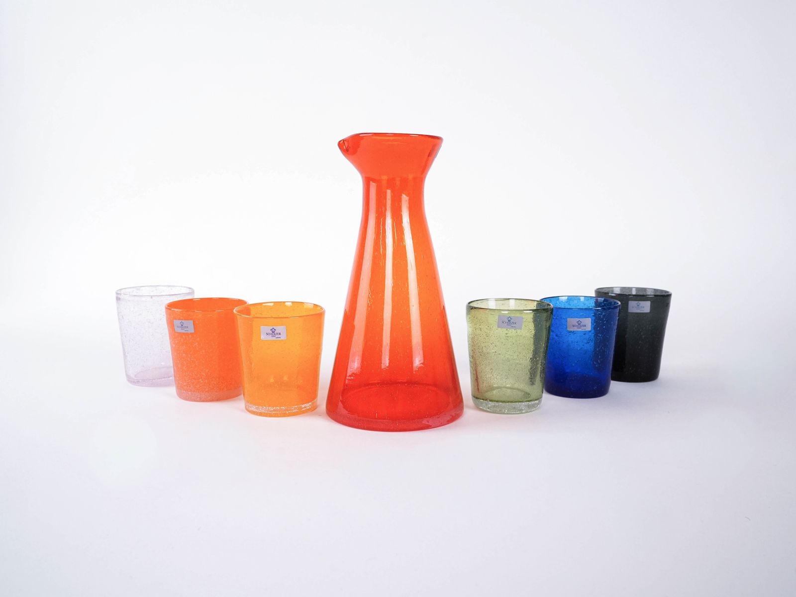 Kleurrijke Set Glazen En Karaf, Scherzer Bavaria, Jaren 1980, Made In Germany photo for sale