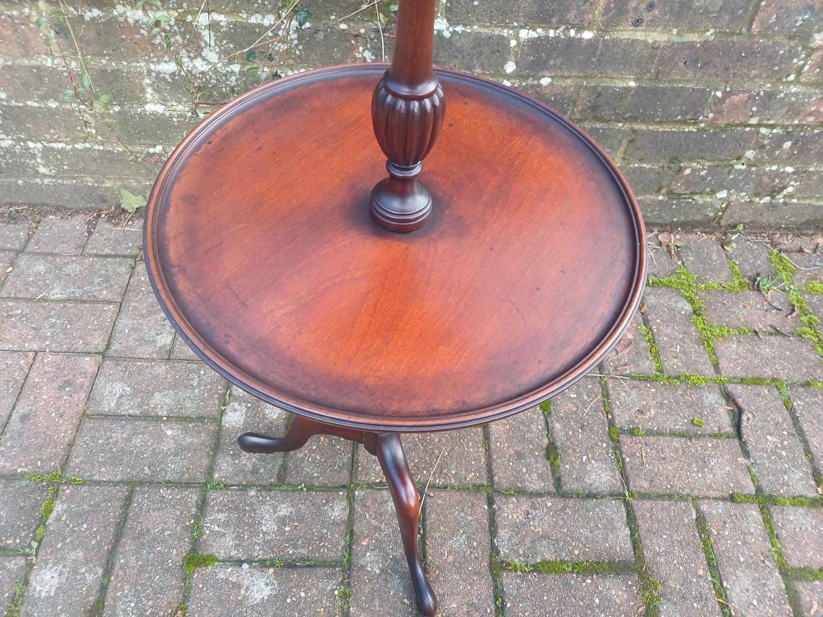 photo vintage Vintage Mahogany Lazy Susan Wine Table Rotating Two Tier Side Table Solid Wood Tripod Base Fluted Column Occasional Table Free Hand Delivery