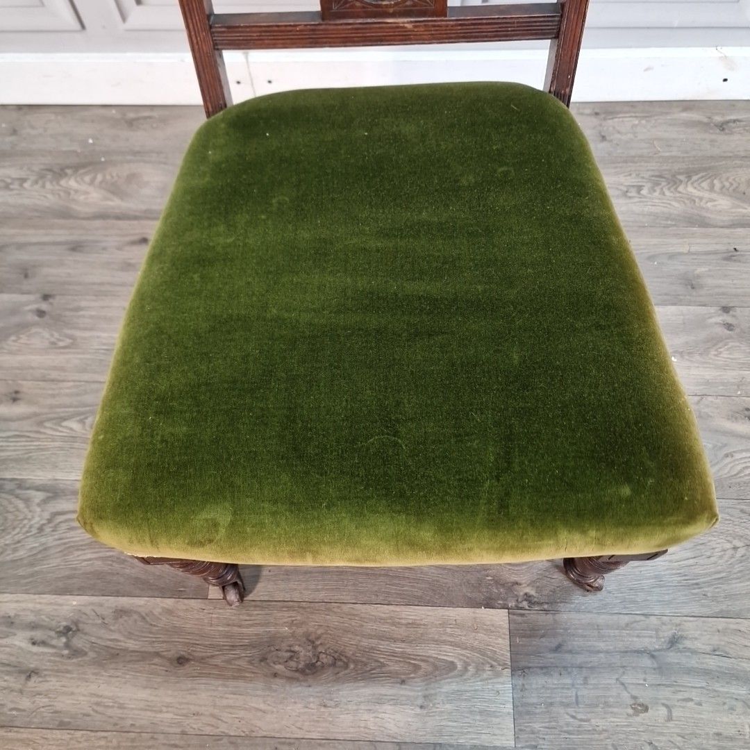 Antique Low Hall Chair Heavily Carved Solid Wood Green Velvet Bedroom Seat photo vinterior