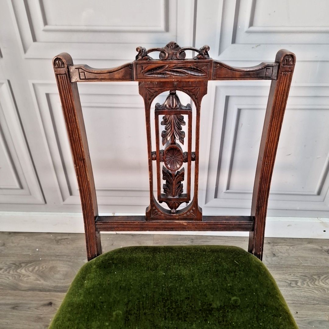 Antique Low Hall Chair Heavily Carved Solid Wood Green Velvet Bedroom Seat photo buy