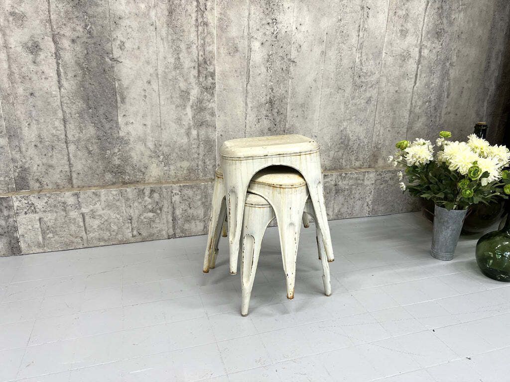 Set Of Three Stacking 1930's Style Tolix Cream Coloured Metal Stools photo for sale