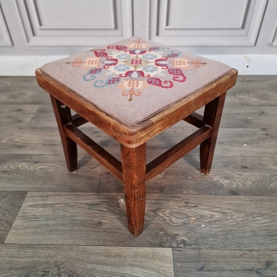Small Vintage Upholstered Stool Foot Rest Solid Wood Floral Needlepoint Top