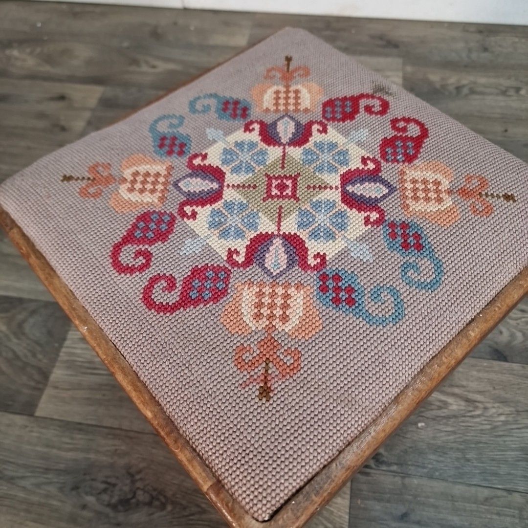 Small Vintage Upholstered Stool Foot Rest Solid Wood Floral Needlepoint Top photo vintage