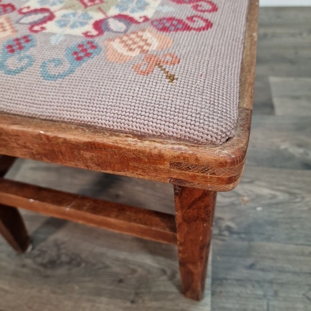 photo buy Small Vintage Upholstered Stool Foot Rest Solid Wood Floral Needlepoint Top