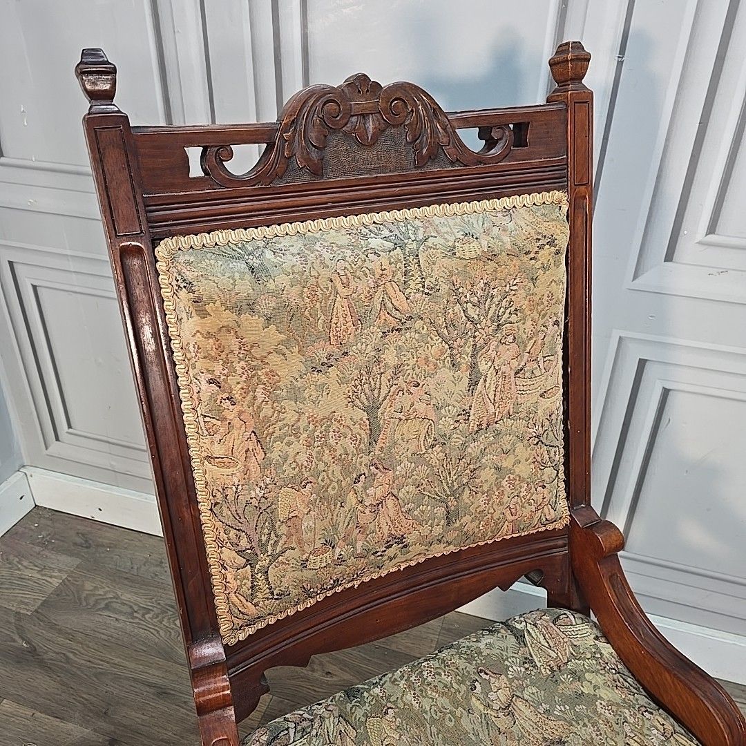 Antique Upholstered Nursing Chair Low Hall Solid Carved Wooden Tapestry Seat photo 170.0