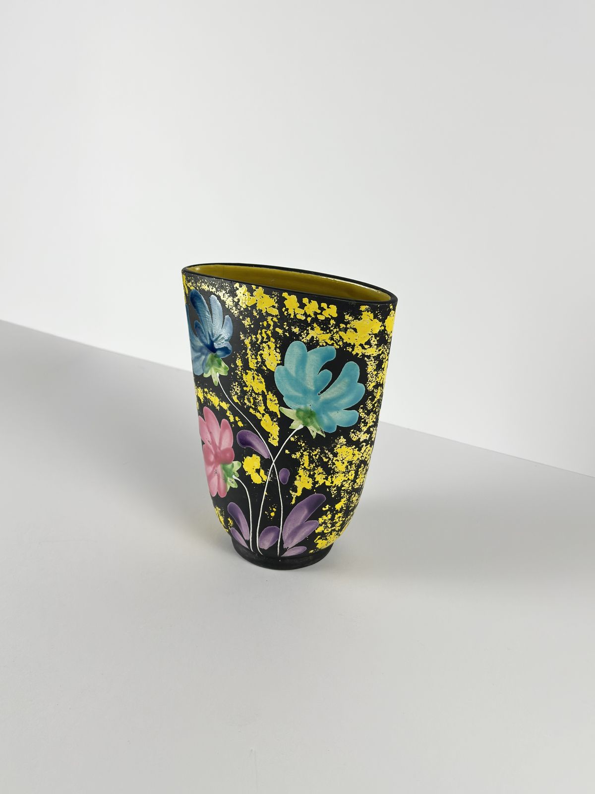 Floral Ceramic Vase, Black Yellow Glaze, Alvino Bagni For Raymor, Italian 1960s photo for sale