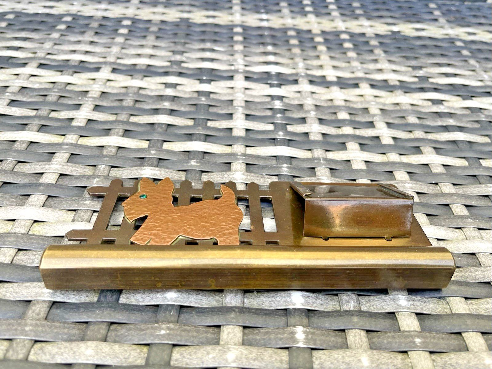 Antique Art Deco Copper & Brass Scottie Dog Terrier Desk Matchbox Holder Matches photo vinterior