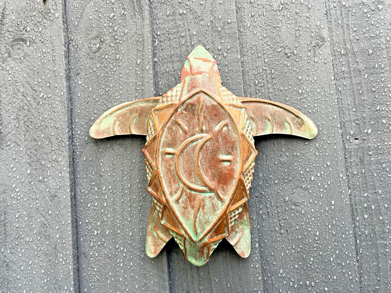 Vintage C1999 Copper Verdigris Moon Turtle Wall Folk Art By U.S Artist Kurt Ruby