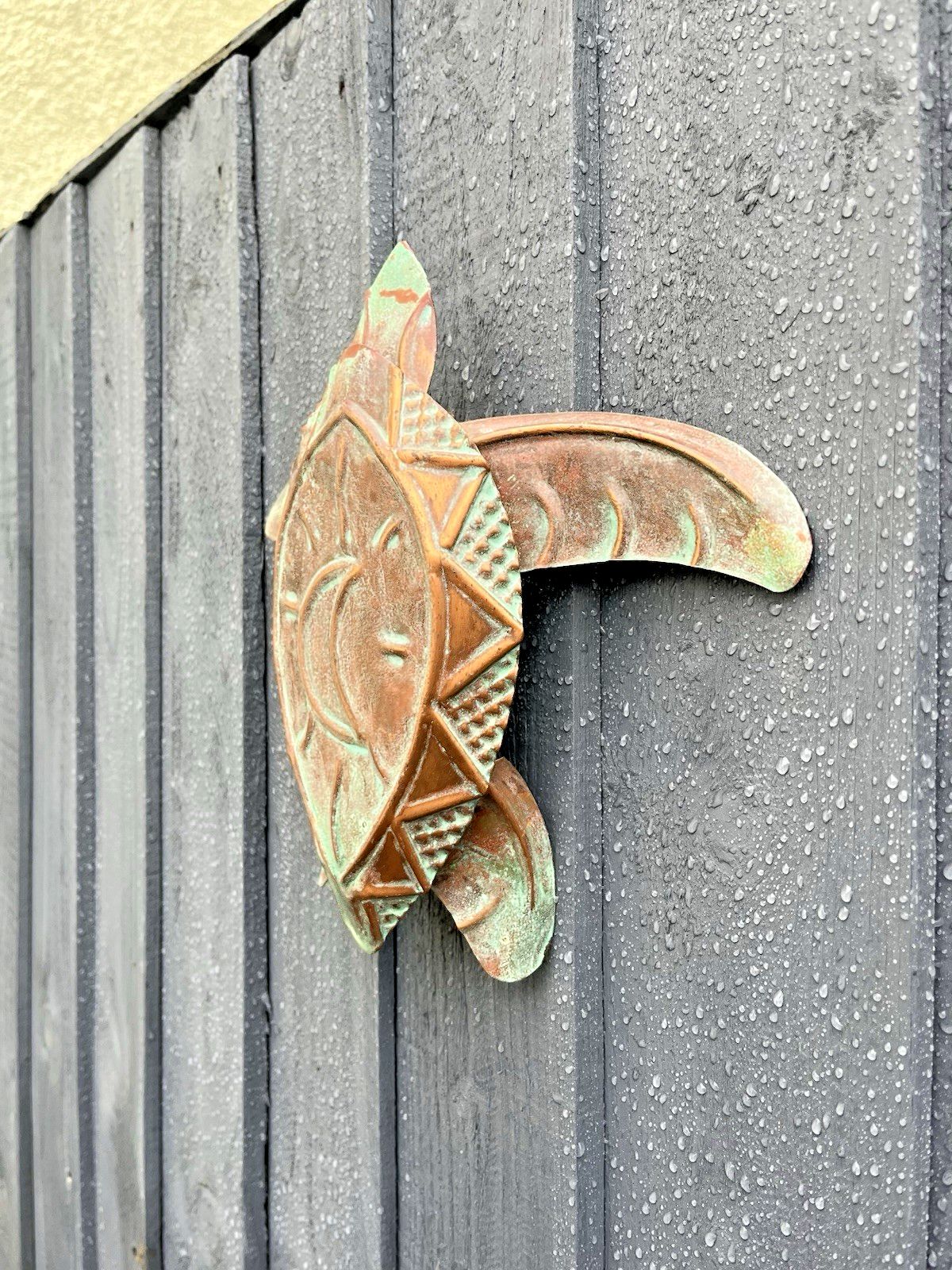 Vintage C1999 Copper Verdigris Moon Turtle Wall Folk Art By U.S Artist Kurt Ruby photo for sale