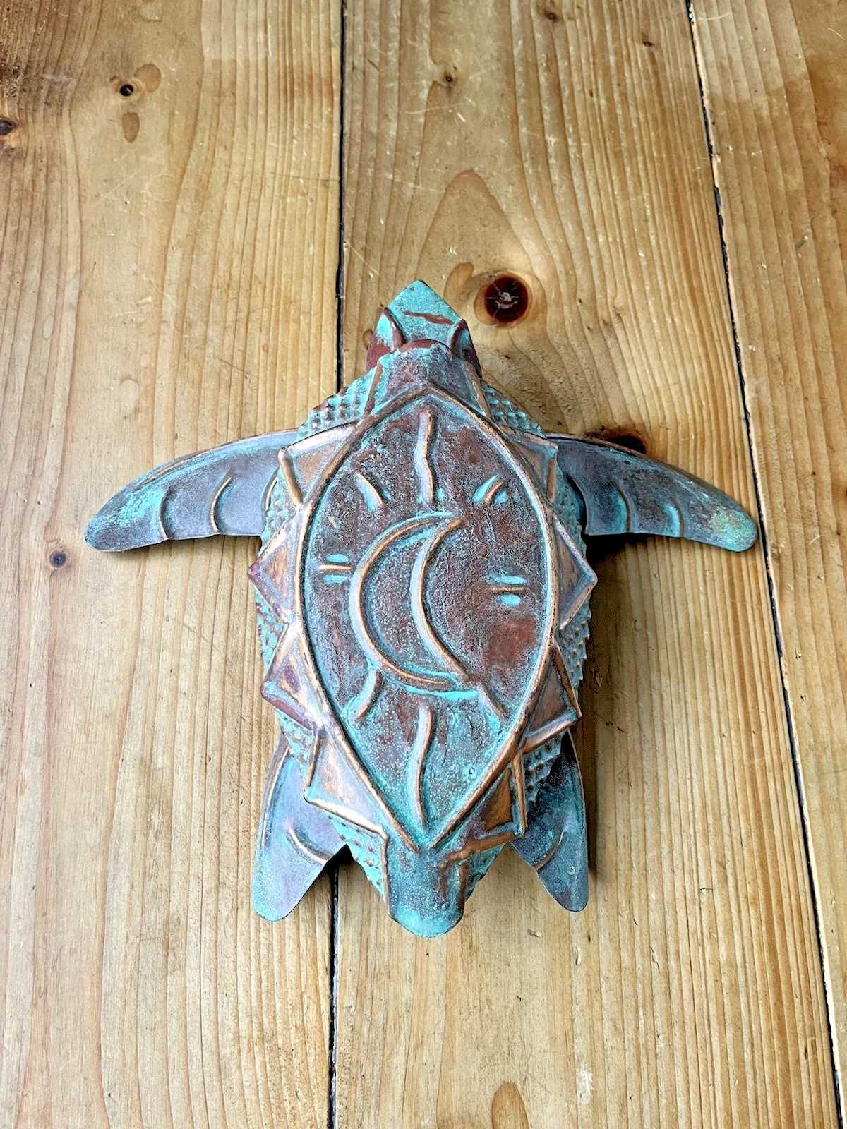 photo furniture Vintage C1999 Copper Verdigris Moon Turtle Wall Folk Art By U.S Artist Kurt Ruby