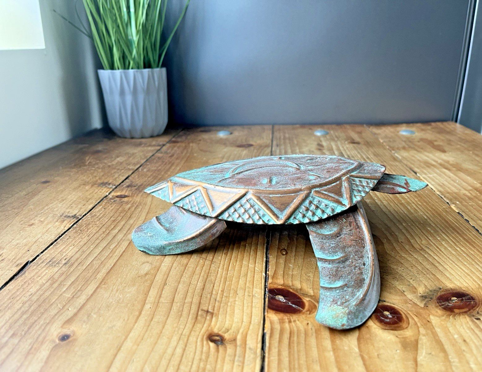 photo for sale Vintage C1999 Copper Verdigris Moon Turtle Wall Folk Art By U.S Artist Kurt Ruby