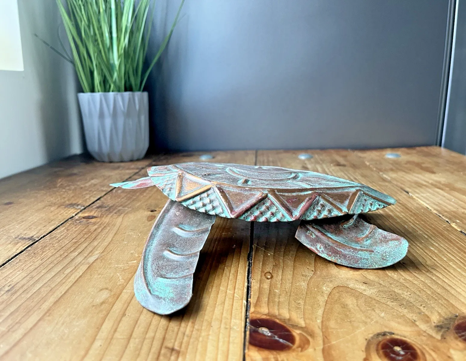 55.0 Vintage C1999 Copper Verdigris Moon Turtle Wall Folk Art By U.S Artist Kurt Ruby photo