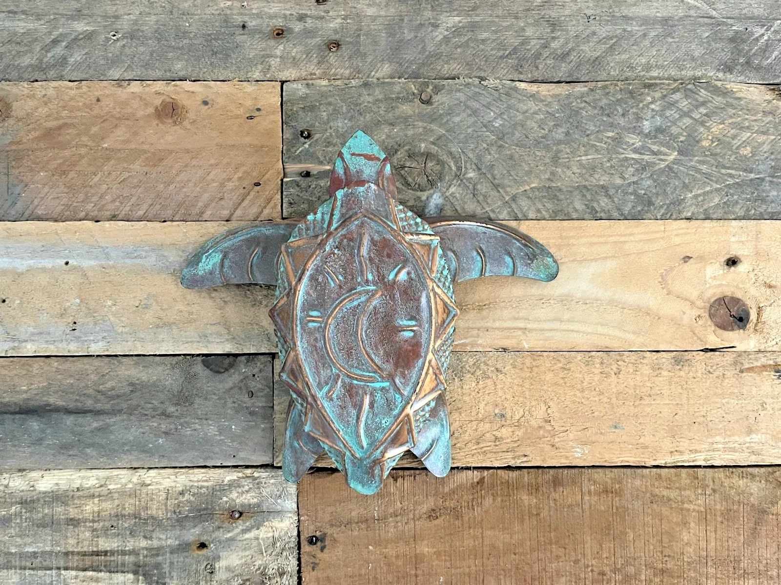 photo buy Vintage C1999 Copper Verdigris Moon Turtle Wall Folk Art By U.S Artist Kurt Ruby