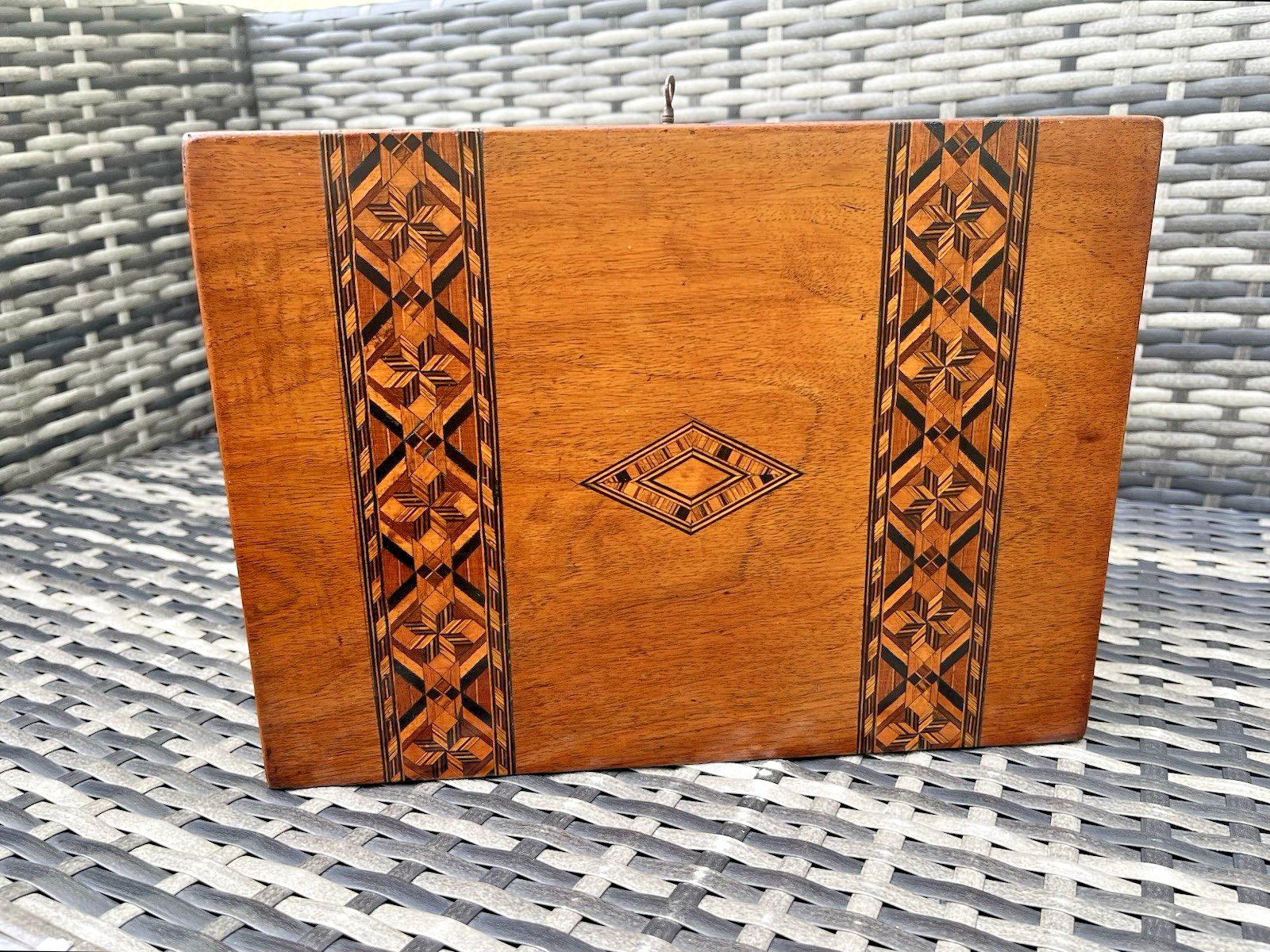 Antique Inlaid Walnut Diamond Wood Storage Box Deco photo vintage