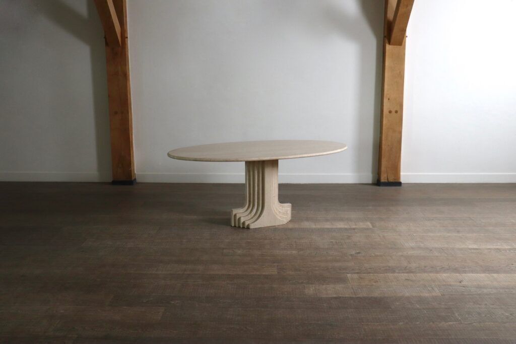 ‘Argo’ Oval Dining Table In Travertine By Carlo Scarpa For Simon Gavina, 1970s photo vinterior