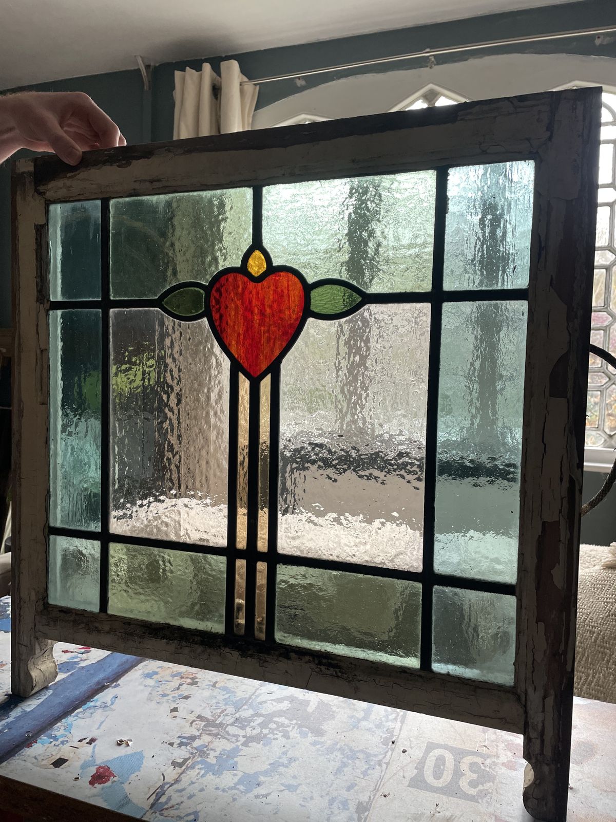 Edwardian Stained Glass Window Green/Aqua/Gold Colour Glass And Ruby Red Heart Motif C.1905 (Matching Suite Of 4 Pcs Available) H57xw63cm photo 695.0