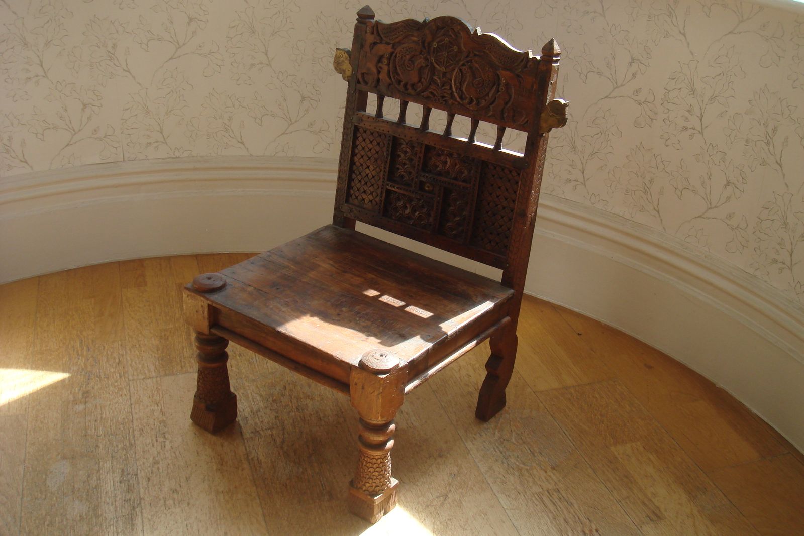 Vintage Hand Carved Wooden Bronze Peacock Pidha Low Chair Handcrafted In India