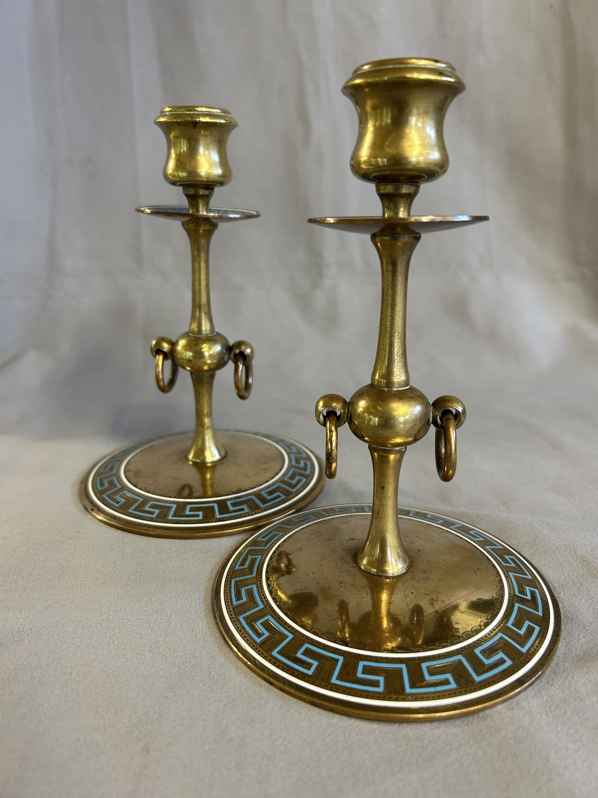 Pair Victorian Brass & Enamel Candlesticks   'Greek Key Design'