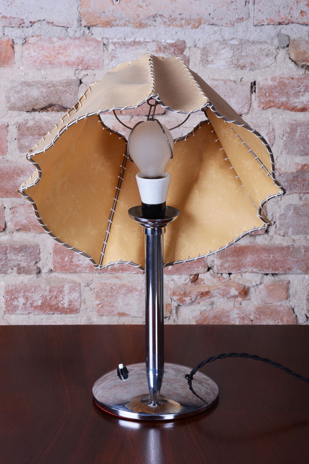 Restored Bauhaus Table Lamp, Chrome Plated Steel, Parchment, Czech, 1930s photo vinterior