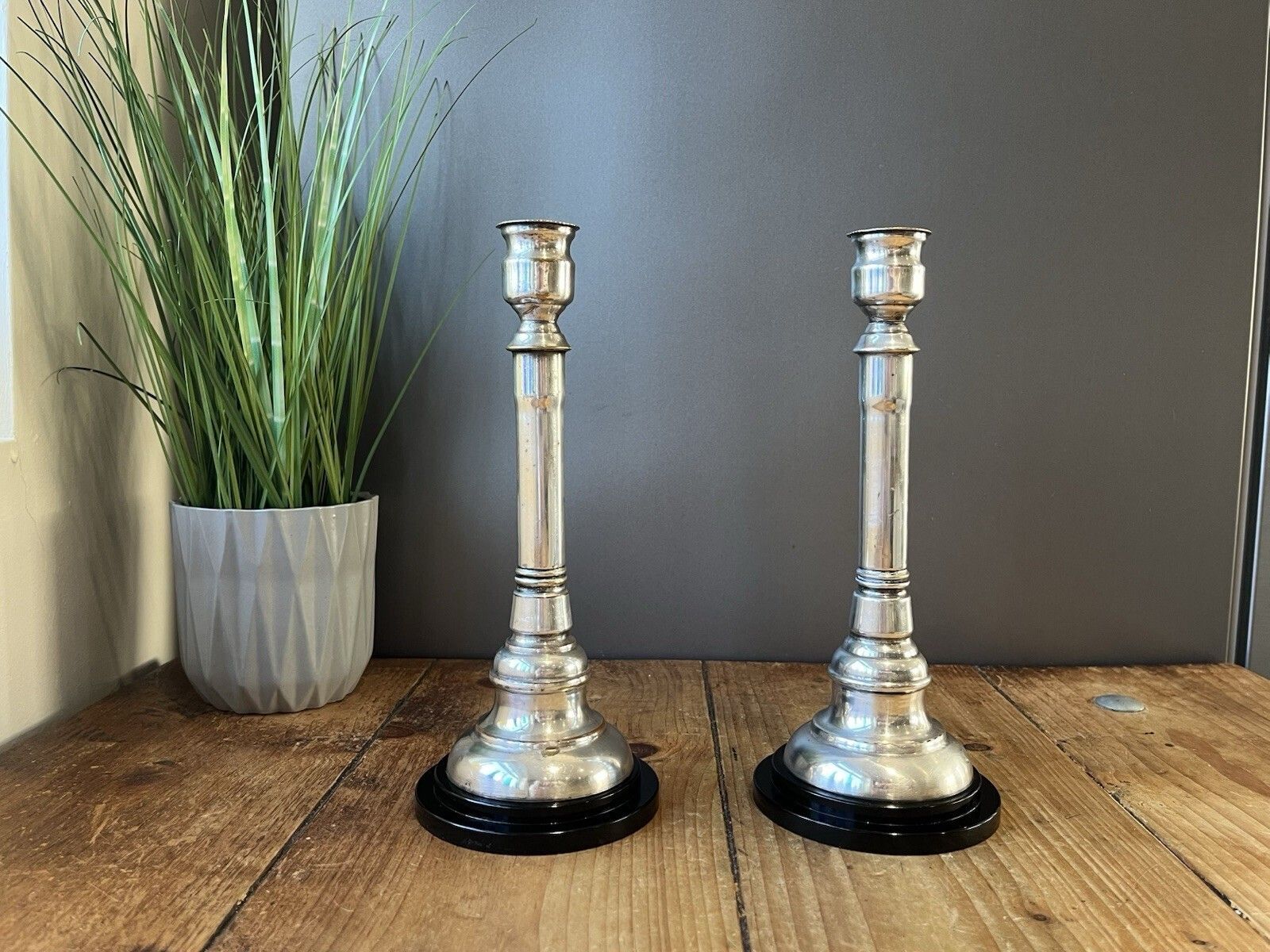 Pair Of Art Deco Silver Plated Stepped Base Column Candlesticks Candle Holders