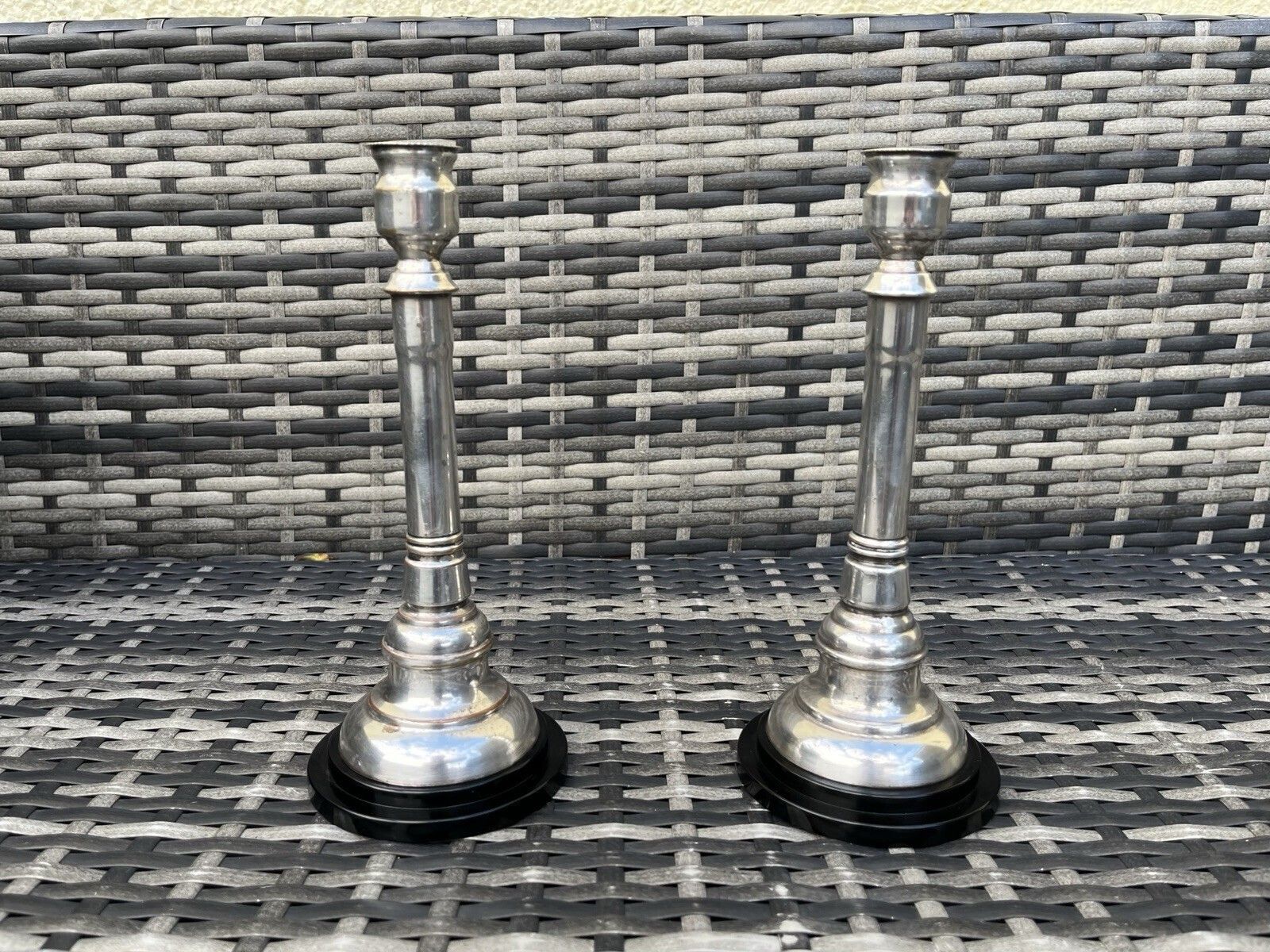 Pair Of Art Deco Silver Plated Stepped Base Column Candlesticks Candle Holders photo for sale