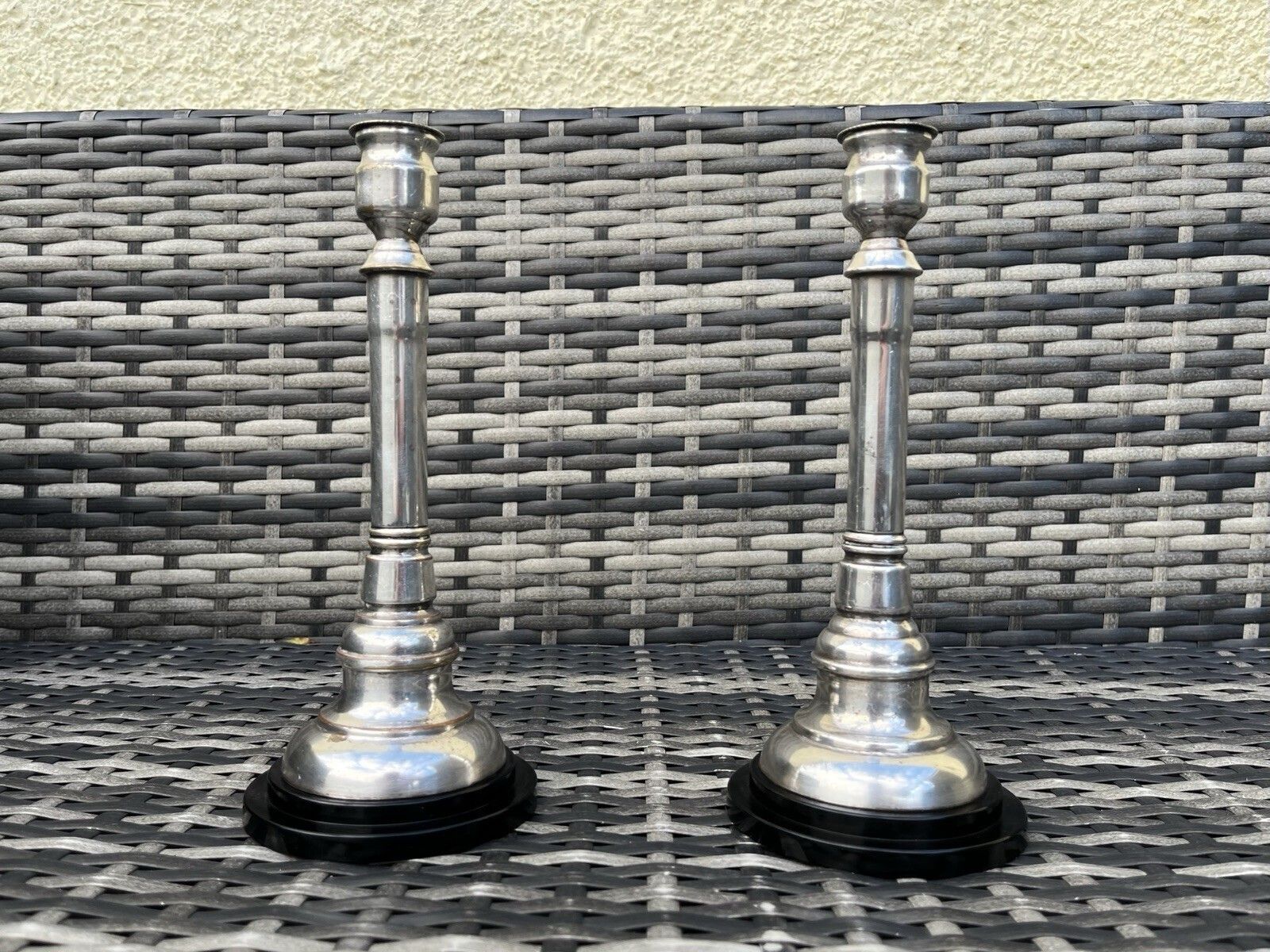 Pair Of Art Deco Silver Plated Stepped Base Column Candlesticks Candle Holders photo Home Decor