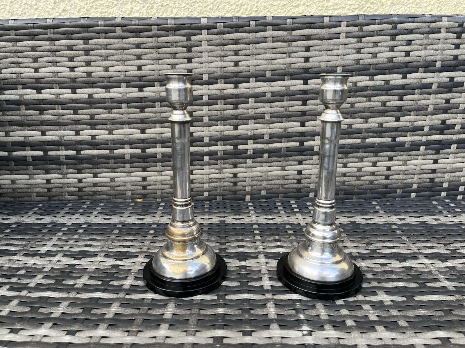 Pair Of Art Deco Silver Plated Stepped Base Column Candlesticks Candle Holders photo vinterior