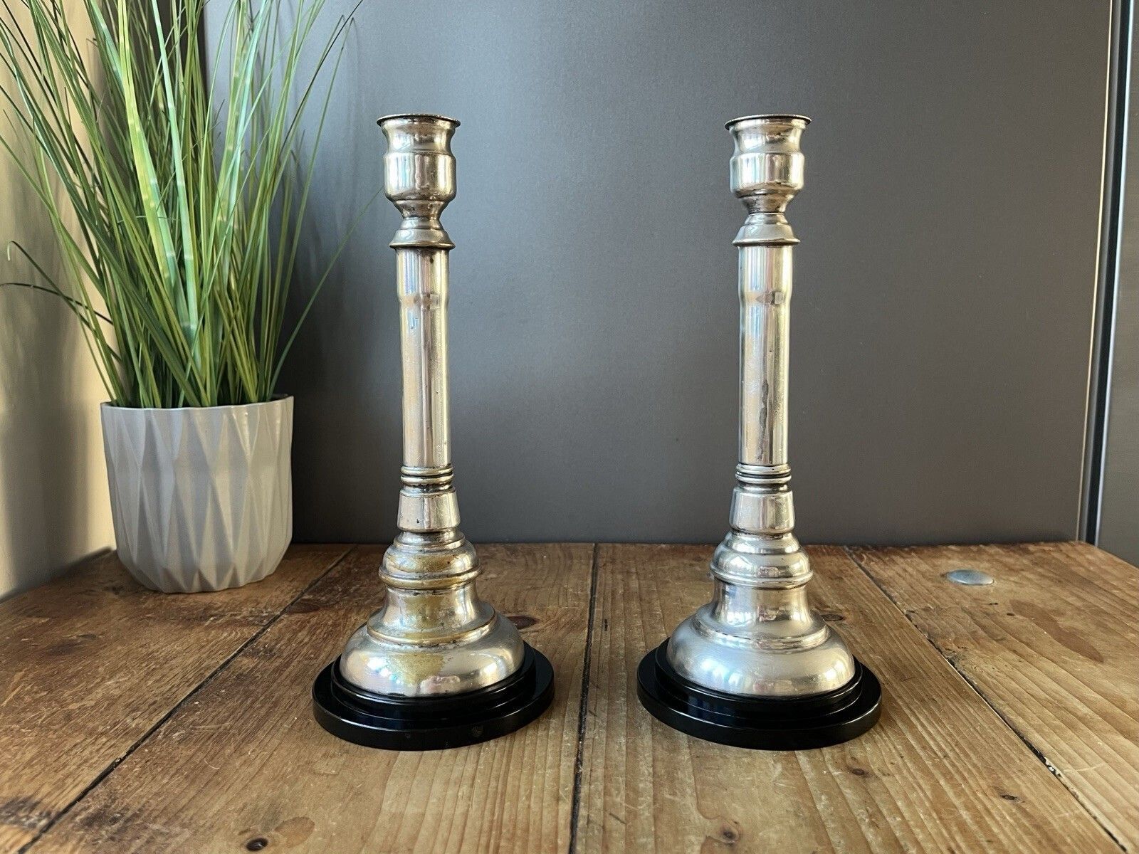 95.0 Pair Of Art Deco Silver Plated Stepped Base Column Candlesticks Candle Holders photo