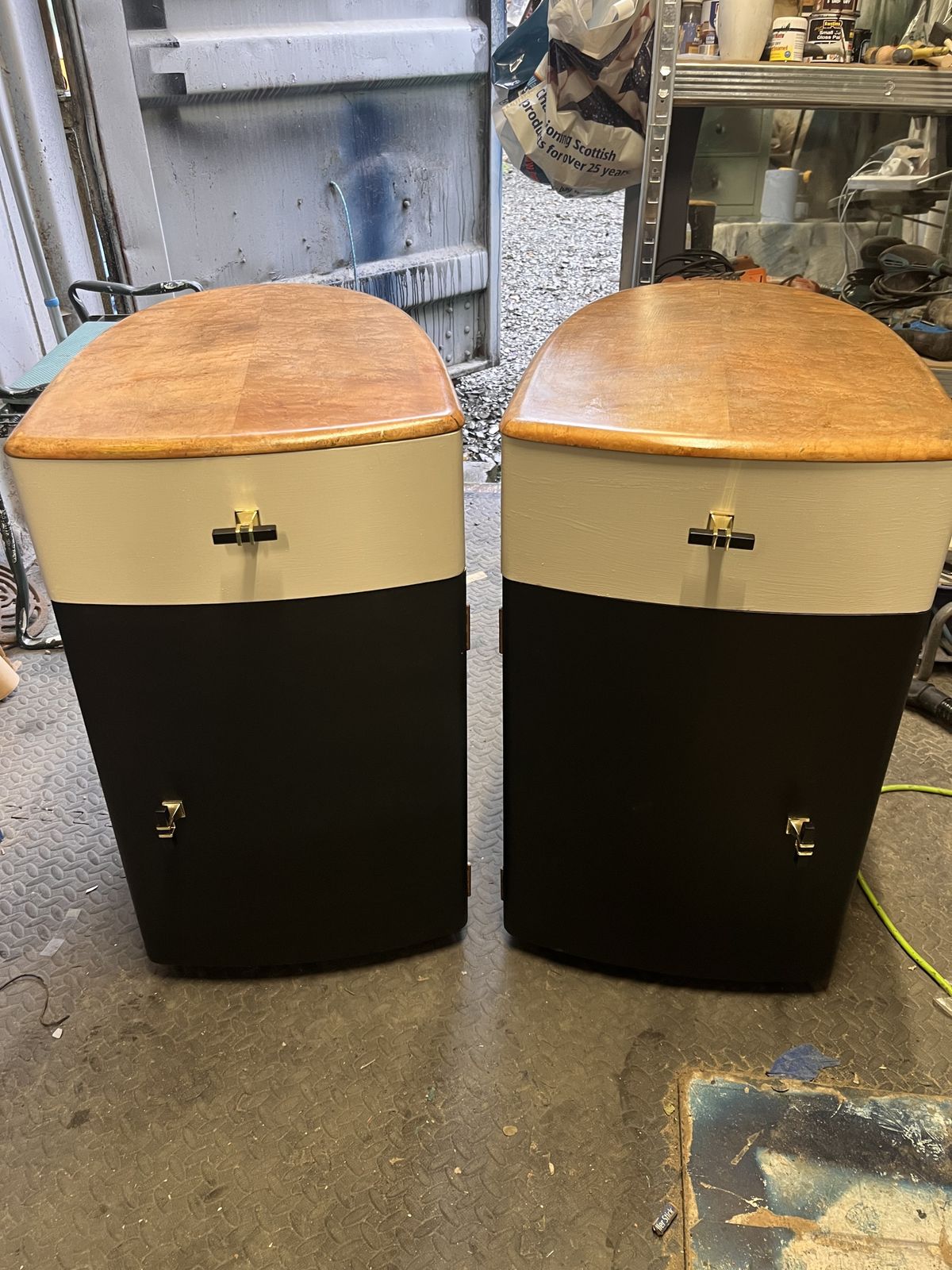 Pair Of Mid Century Modern Oval Bedside Cabinets In Birds Eye Maple & Satin Black photo for sale