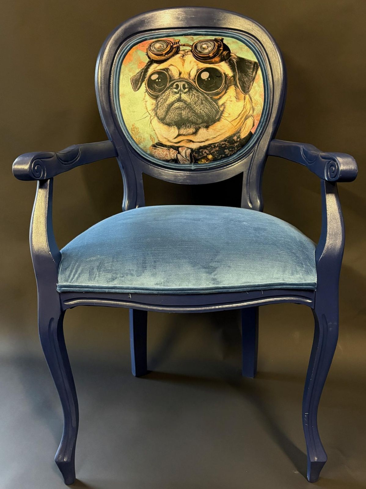 Upcycled Vintage Louis Style Armchair – Navy Painted Frame, Velvet Seat & Steampunk Pug Back photo for sale