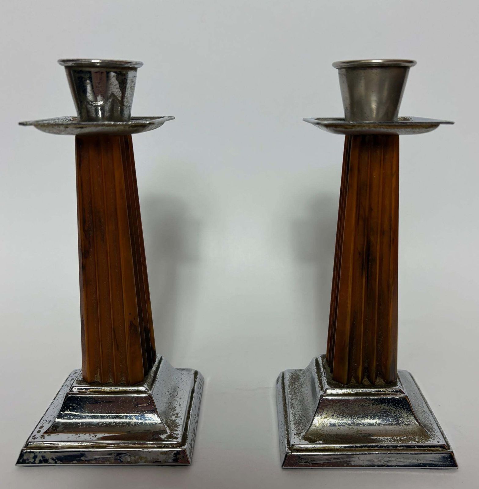 Pair Of Art Deco Bakelite & Silver‑Plate Candlesticks, 1930s, 15cm High