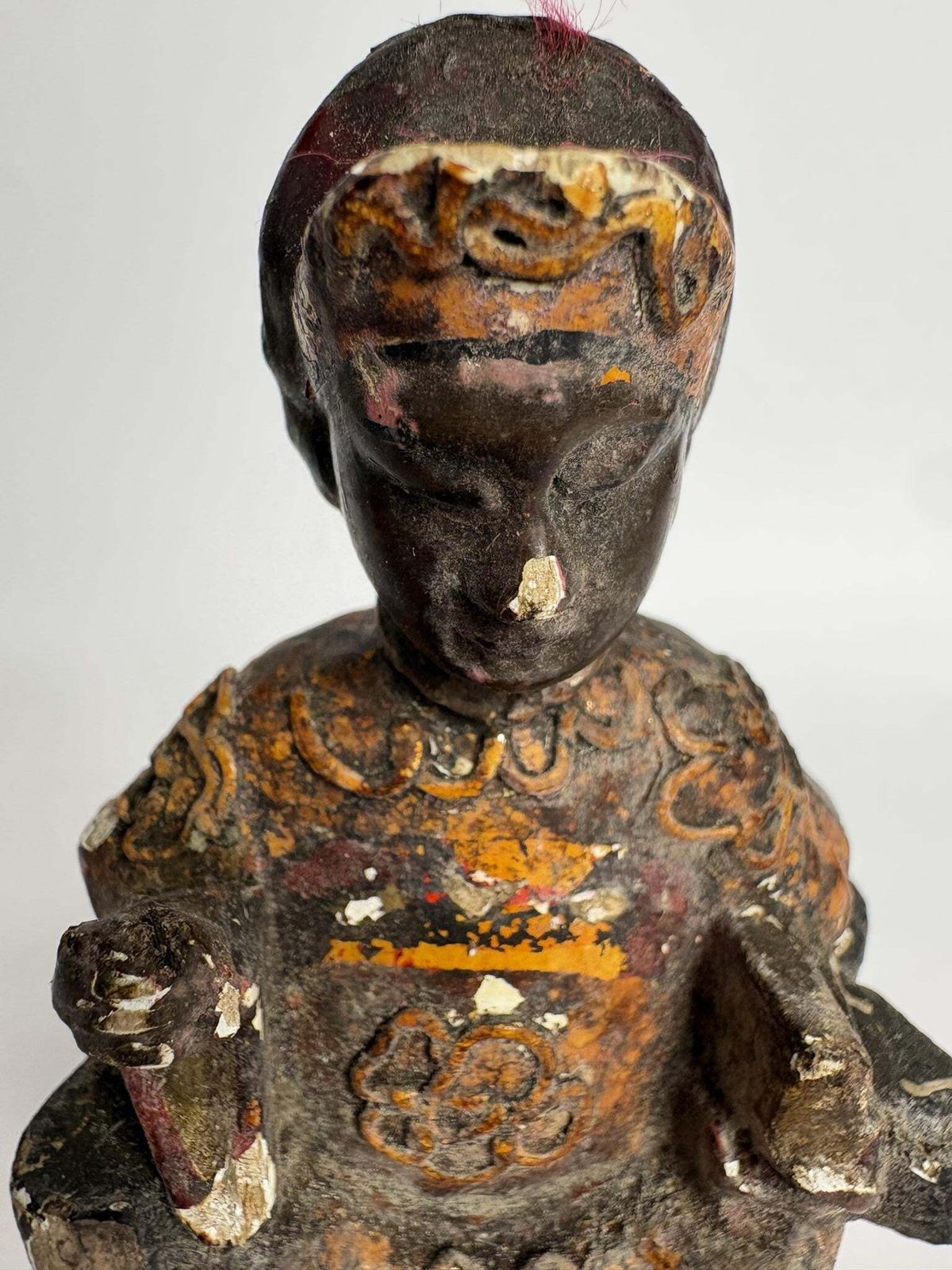 Antique Chinese Carved Wooden “Emperor” Figure – Polychrome Traces & Ink Inscription, 13cm photo 120.0