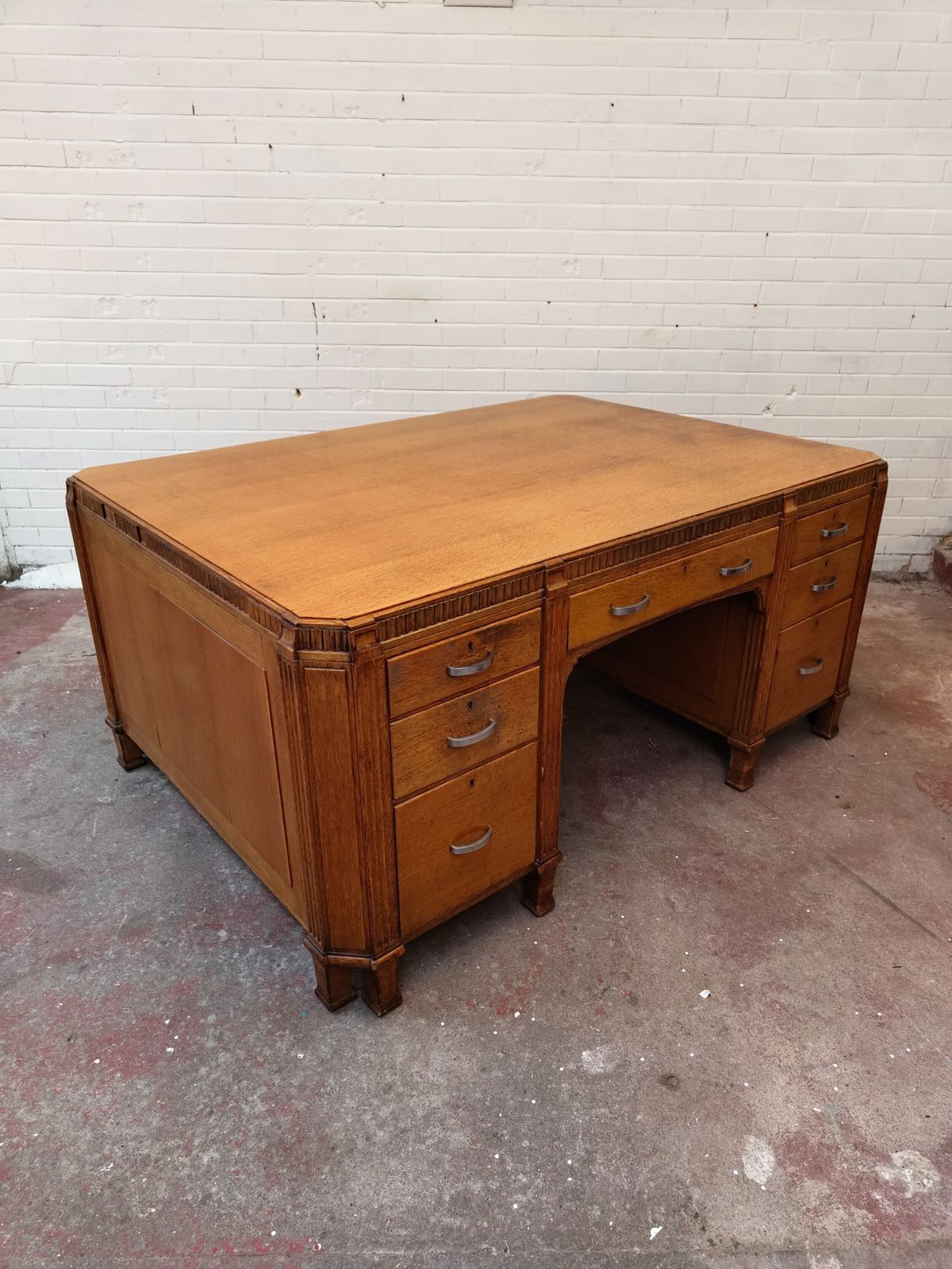 Imposing Golden Oak Art Deco Partners Desk By Waring & Gillows
