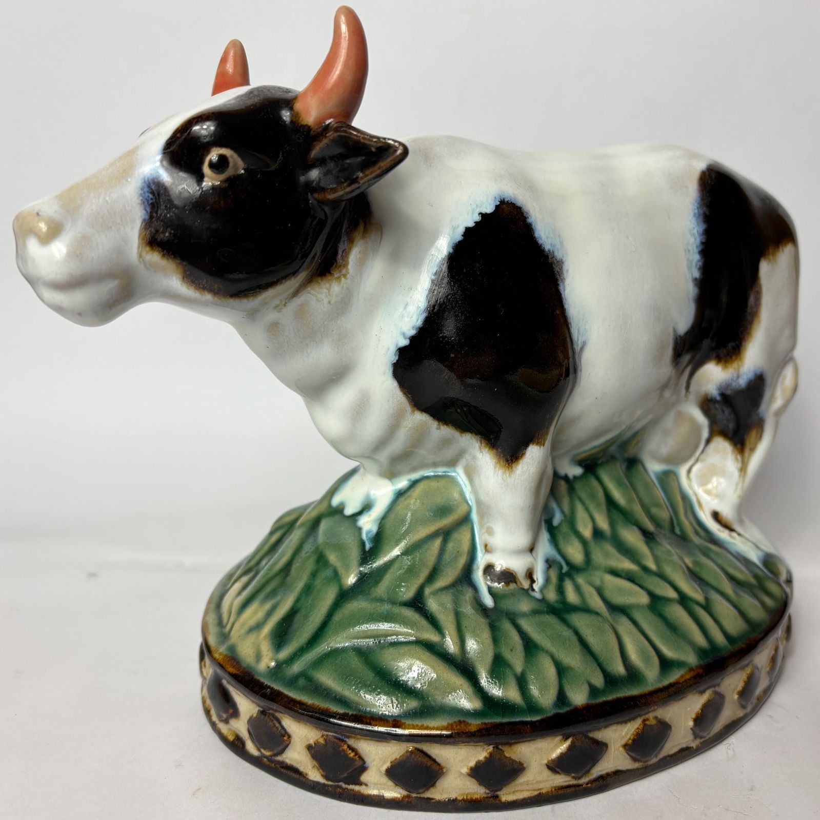 Pair Of Vintage Glazed Ceramic Farm Animals – Cow & Pig On Oval Bases (C.25cm) photo for sale