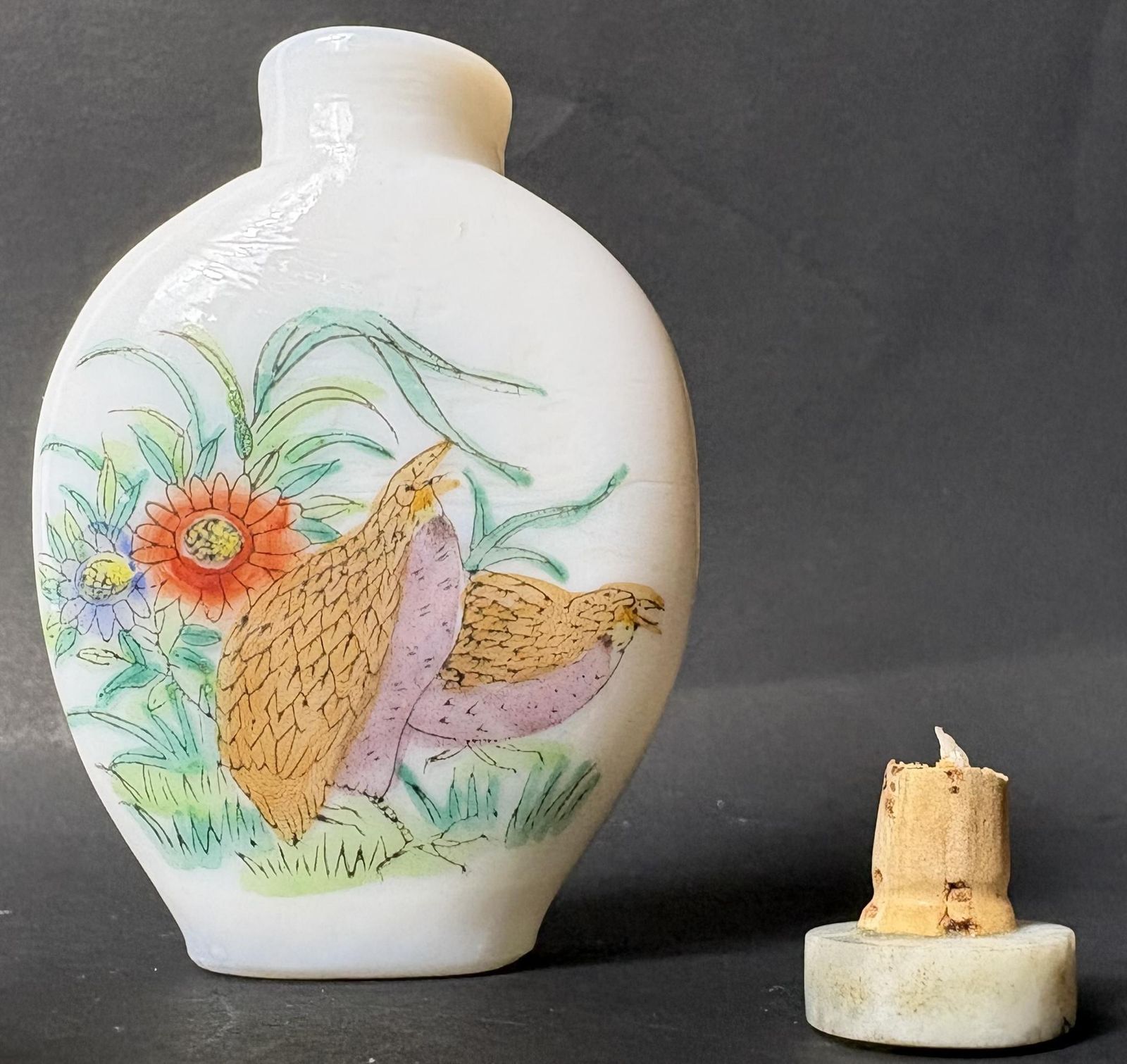 Early 20th Century Chinese Painted Glass Snuff Bottle – Quail & Flowers – 7cm – Three Character Mark photo Home Decor