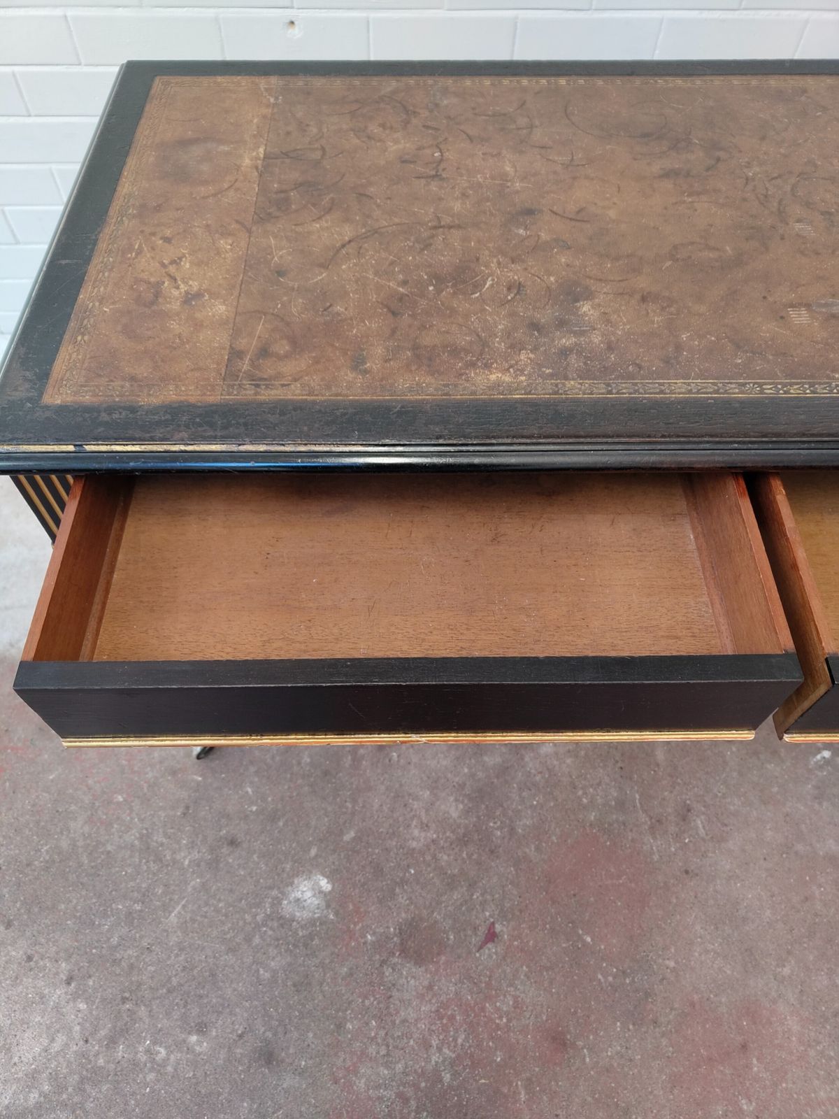 Antique Victorian English Aesthetic Movement Ebonised Leather Top Library Writing Table photo buy